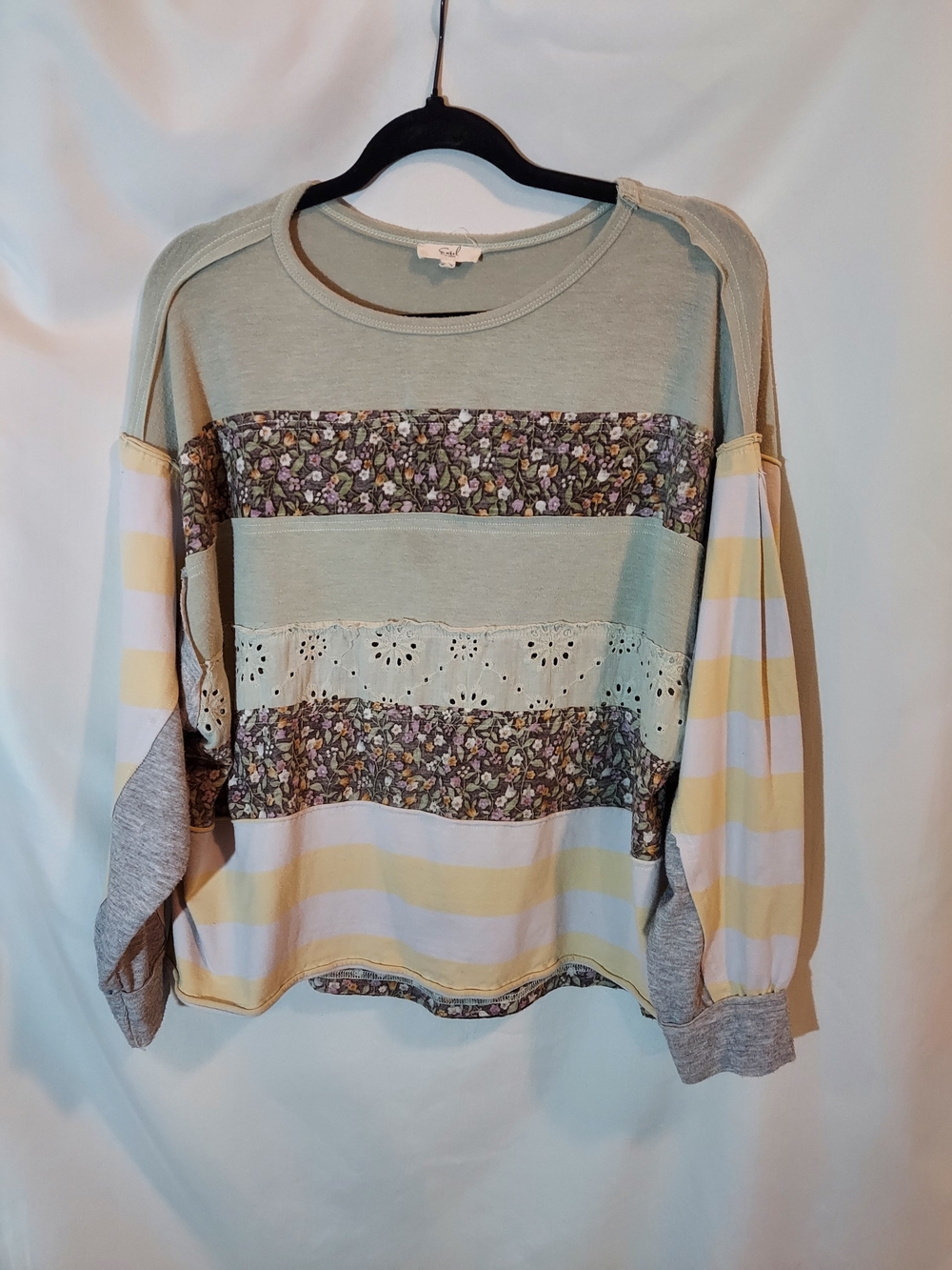 easel Sage Green & Yellow Striped Floral Patchwork Boho Blouse